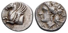 Greek CORINTHIA. Corinth. Circa 350-300 BC. Hemidrachm (Silver, 11 mm, 1.34 g, 6 h). Ϙ Forepart of Pegasus with curved wing to left. Rev. Α - Ρ Head of Aphrodite to left, her hair falling down the bac