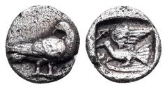 Greek SIKYONIA. Sikyon. Circa 450-425 BC. Hemiobol (Silver, 7 mm, 0.32 g, 1 h). Dove standing right, head turned to look back. Rev. Dove flying left; to left above, E; to left below, H (= hemiobol); a