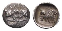 Greek CARIA. Uncertain mint. Circa 480-450 BC. Hemitetartemorion (Silver, 6 mm, 0.07 g, 11 h). Confronted foreparts of two bull, their horns locked. Rev. Forepart of bull to left within incuse square.