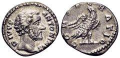 Roman Imperial Divus Antoninus Pius, died 161. Denarius (Silver, 17 mm, 2.76 g, 1 h), struck under Marcus Aurelius and Lucius Verus, Rome, 161. DIVVS ANTONINVS Bare head of the deified Antoninus Pius 