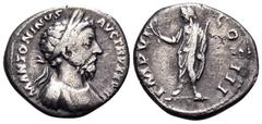 Roman Imperial Marcus Aurelius, 161-180. Denarius (Silver, 18 mm, 3.17 g, 12 h), Rome, 173-174. M ANTONIVS AVG TR P XXVIII Laureate and cuirassed bust of Marcus Aurelius to right, the cuirass decorate