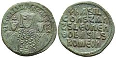 Byzantine Basil I the Macedonian, with Constantine and Leo VI, 867-886. Follis (Bronze, 25 mm, 6.56 g, 5 h), Constantinople, 870-879. + LEOh bASIL COhST AЧGG Crowned half-length busts of Basil I, in c