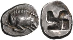 Collection Sans Pareille: Highly Important Collection of Greek Fractions GAUL, Massalia. 490/485-470 BC. Hemiobol (Silver, 8 mm, 0.57 g), Milesian standard, 'Auriol'. Forepart of a boar to right. Rev.