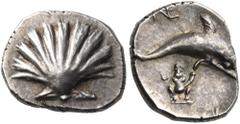 Collection Sans Pareille: Highly Important Collection of Greek Fractions CALABRIA. Tarentum. Circa 325-280 BC. Litra (Silver, 11 mm, 0.89 g, 3 h). Scallop shell. Rev. Dolphin leaping to right; above, 
