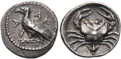 Collection Sans Pareille: Highly Important Collection of Greek Fractions SICILY. Akragas. Circa 450-440 BC. Litra (Silver, 11.5 mm, 0.81 g, 9 h). ΑΚ - RΑ Eagle, with closed wings, standing left on Ion