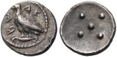 Collection Sans Pareille: Highly Important Collection of Greek Fractions SICILY. Akragas. Circa 450-440 BC. Pentonkion (Silver, 7.5 mm, 0.29 g). AK -RA Eagle, with closed wings, standing left on Ionic