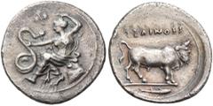 Collection Sans Pareille: Highly Important Collection of Greek Fractions SICILY. Selinos. Circa 415-409 BC. Litra (Silver, 12 mm, 0.72 g, 1 h). Nymph seated to left on a rock; raising her veil over he