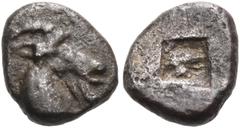 Collection Sans Pareille: Highly Important Collection of Greek Fractions MACEDON. Aige in Pallene. Circa 450 BC. Hemiobol (Silver, 7 mm, 0.32 g). Goat's head to right. Rev. Irregular incuse square. Cf