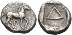 Collection Sans Pareille: Highly Important Collection of Greek Fractions MACEDON. Potidaia. Circa 432-430 BC. Diobol (Silver, 9 mm, 0.99 g, 9 h). Π Horse walking to right. Rev. Δ (= Διώβολον) in a sha