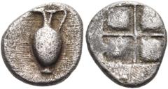 Collection Sans Pareille: Highly Important Collection of Greek Fractions MACEDON. Terone. Circa 490-460 BC. Diobol (?) (Silver, 10.5 mm, 0.90 g). Oinochoe with handle to right. Rev. Quadripartite incu