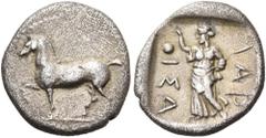 Collection Sans Pareille: Highly Important Collection of Greek Fractions THESSALY. Larissa. Circa 420-400 BC. Obol (Silver, 12 mm, 0.92 g, 11 h). Free horse trotting to left. Rev. ΛΑΡ - ΙΣΑ The nymph 
