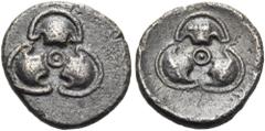 Collection Sans Pareille: Highly Important Collection of Greek Fractions BOEOTIA. Thebes. Circa 425-395 BC. Trihemiobol (Silver, 10.5 mm, 0.62 g). ⨀ at the center of three Boeotian half shields. Rev. 
