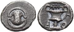 Collection Sans Pareille: Highly Important Collection of Greek Fractions BOEOTIA. Thebes. Circa 425-395 BC. Tetartemorion (Silver, 7 mm, 0.17 g). Boeotian shield. Rev. ⨀-Ε (retrograde) Kantharos; betw