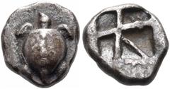 Collection Sans Pareille: Highly Important Collection of Greek Fractions ISLANDS OFF ATTICA, Aegina. Circa 480-457 BC. Obol (Silver, 9.5 mm, 1.00 g). Sea turtle with a T-shaped design of a collar and 