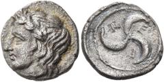 Collection Sans Pareille: Highly Important Collection of Greek Fractions MEGARIS. Megara. Circa 375-338 BC. Trihemiobol (Silver, 12 mm, 1.50 g, 9 h). Laureate head of Apollo to left, his long hair fal