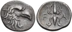 Collection Sans Pareille: Highly Important Collection of Greek Fractions ELIS. Olympia. 95th Olympiad, 400 BC. Hemiobol (Silver, 10 mm, 0.53 g, 6 h). Eagle's head and neck to right. Rev. Ϝ - Α Thunder