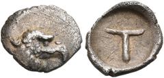 Collection Sans Pareille: Highly Important Collection of Greek Fractions ELIS. Olympia. 95th Olympiad, 400 BC. Tetartemorion = 1/4 obol (Silver, 8 mm, 0.22 g, 3 h). [FΑ] (retrograde) Eagle's head and 