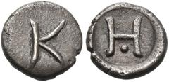 Collection Sans Pareille: Highly Important Collection of Greek Fractions ISLANDS OFF ELIS, Kephallenia. Kranion. Circa 400 BC. Hemiobol (Silver, 7 mm, 0.26 g, 11 h). Large Κ in the field. Rev. Large Η