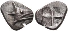 Collection Sans Pareille: Highly Important Collection of Greek Fractions MYSIA. Kyzikos. Circa 600-550 BC. Obol (Silver, 9.5 mm, 0.47 g). Tunny's head to right. Rev. Quadripartite incuse square. SNG P