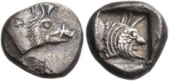 Collection Sans Pareille: Highly Important Collection of Greek Fractions DYNASTS OF LYCIA. Uncertain dynast, circa 500-480 BC. Trihemiobol or 1/8 Stater (Silver, 9.5 mm, 0.95 g, 12 h). Head of a boar 