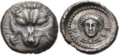 Collection Sans Pareille: Highly Important Collection of Greek Fractions LYCIA. Tlos. Time of Mithrapata, circa 390-370 BC. Diobol (Silver, 13 mm, 1.23 g, 12 h). Lion's scalp facing. Rev. TΛA - FE Bus