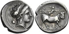 The Richard Eidswick Collection of Greek Coins CAMPANIA. Neapolis. Circa 300-275 BC. Nomos (Silver, 21 mm, 7.40 g, 7 h), struck under the magistrates Artem... and The.... Diademed head of the nymph Pa