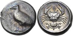 The Richard Eidswick Collection of Greek Coins SICILY. Akragas. Circa 460-450/46 BC. Tetradrachm (Silver, 24 mm, 17.13 g, 4 h). ΑΚΡ[Α] - CΑΝΤΟΣ Eagle, with closed wings, standing left on an Ionic capi