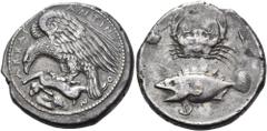 The Richard Eidswick Collection of Greek Coins SICILY. Akragas. Circa 420-415 BC. Tetradrachm (Silver, 28 mm, 16.94 g, 4 h). ΑΚΡΑΓ - ΑΝΤΙΝ - Ο - Ν Eagle with spread wings to left, perched on dead hare
