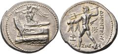 The Richard Eidswick Collection of Greek Coins KINGS OF MACEDON. Demetrios I Poliorketes, 306-283 BC. Tetradrachm (Silver, 30 mm, 17.21 g, 6 h), Pella, circa 294-293. Nike, blowing a trumpet and holdi