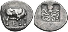 The Richard Eidswick Collection of Greek Coins EUBOIA. Eretria. Circa 500-465 BC. Stater (Silver, 23 mm, 8.23 g, 6 h). Heifer standing to right on a ground line of pellets between two parallel horizon