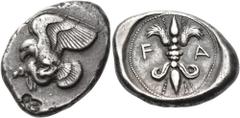 The Richard Eidswick Collection of Greek Coins ELIS. Olympia. 78th-82nd Olympiad, 468-452 BC. Stater (Silver, 25.5 mm, 11.63 g, 8 h). Eagle flying left with both wings above his body, grasping a hare 