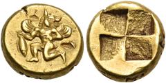 The Richard Eidswick Collection of Greek Coins MYSIA. Kyzikos. Circa 550-500 BC. Hekte (Electrum, 11 mm, 2.67 g). Winged mythological creature (with the body of a man and the head of a lion-like anima