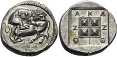 Greek MACEDON. Akanthos. Circa 380-350 BC. Tetradrachm (Silver, 25.5 mm, 14.27 g, 9 h), struck under the magistrate Alexios. ΑΛΕΞΙOΣ Lion to right, attacking bull collapsing to left. Rev. ΑΚΑ-Ν-ΘΙΟ-Ν 