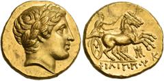 Greek KINGS OF MACEDON. Philip II, 359-336 BC. Stater (Gold, 19 mm, 8.62 g, 9 h), struck during the reign of Philip III Arridaios, Amphipolis, circa 323/2-315. Laureate head of Apollo to right. Rev. Φ