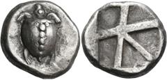 Greek ISLANDS OFF ATTICA, Aegina. Circa 480-457 BC. Stater (Silver, 22 mm, 7.85 g). Sea turtle with a T-shaped design of a line of five very large pellets down the back of its shell and with two equal