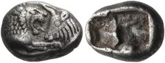 Greek KINGS OF LYDIA. Kroisos, circa 560-546 BC. Hekte or Sixth Stater (Silver, 11 mm, 1.75 g), Sardes, 550-546. Confronted foreparts of a lion, on the left, and a bull, on the right. Rev. Two incuse 