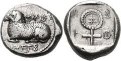 Greek CYPRUS. Salamis. Nikodamos, circa 460-450 BC. Stater (Silver, 22 mm, 11.20 g, 3 h), with the name of Nikodamos's father Evelthon on the obverse. 𐠐𐠰𐠰[𐠩]-𐠳𐠄𐠁 ( = e-u-we / [le]-to-to-se 'of 
