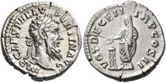 Roman Imperial & Provincial Pertinax, 193. Denarius (Silver, 18 mm, 3.36 g, 6 h), Rome, 1 January - 28 March. IMP CAES P HELV PERTIN AVG Laureate head of Pertinax to right. Rev. VOT DECEN TR P COS II 
