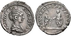 Roman Imperial & Provincial Plautilla, Augusta, 202-205. Denarius (Silver, 19 mm, 3.62 g, 1 h), struck under Septimius Severus and Caracalla, Rome, 202. PLAVTILLAE AVGVSTAE Draped bust of Plautilla to