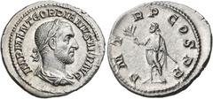 Roman Imperial & Provincial Gordian I, 238. Denarius (Silver, 20.5 mm, 3.20 g, 7 h), Rome, 1-22 April, 238. IMP M ANT GORDIANVS AFR AVG Laureate, draped and cuirassed bust of Gordian I to right. Rev. 