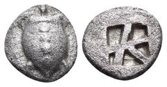 Greek ISLANDS OFF ATTICA, Aegina. Circa 480-457 BC. Obol (Silver, 8 mm, 0.80 g). Sea turtle with a T-shaped design of a line of four pellets down the back of its shell. Rev. Large square incuse with s