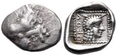 Greek CARIA, Dynasts of Caria. Orou, Circa 450-400 BC. 1/4 Stater (Silver, 16,5 mm, 2.91 g, 7 h), Aigenetan standard, Uncertain ('Mint G'). Forepart of winged man-headed bull righ. Rev. OF OV Female h