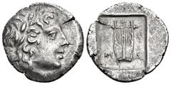 Greek LYCIA, Lycian League. Masikytes. Circa 48-42 BC. Hemidrachm (Silver, 15.5 mm, 1.54 g, 1 h). Λ-Y Laureate head of Apollo to right. Rev. M-A Lyre; above, star; all within rectangular incuse. Troxe