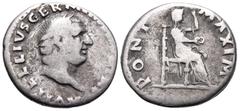 Roman Imperial Vitellius, 69. Denarius (Silver, 18 mm, 3.22 g, 6 h), Rome, struck late April-20 December 69. A VITELLIVS GERM IMP AVG TR P Laureate head of Vitellius to right. Rev. PONT MAXIM Vesta se