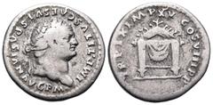 Roman Imperial Titus, 79-81. Denarius (Silver, 18 mm, 3.21 g, 6 h), Rome, 79-80. IMP TITVS CAES VESPASIAN AVG P M Laureate head of titus to right. Rev. TR P IX IMP XV COS VIII P P Throne with triangul