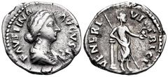Roman Imperial Faustina II, wife of Marcus Aurelius, 147-175. Denarius (Silver, 19 mm, 2.92 g, 6 h), Rome, 161-175. FAVSTINA AVGVSTA Draped bust of Faustina to right. Rev. VENERI VICTRICI Venus, half-