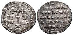 Byzantine Basil II Bulgaroktonos, with Constantine VIII, 976-1025. Miliaresion (Silver, 23 mm, 2.65 g, 6 h), Constantinople, 977-989. En TOVTω nICA T' bASILEI C CωnST' Patriarchal cross crosslet, with