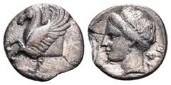 Greek CORINTHIA. Corinth. Circa 350-300 BC. Hemidrachm (Silver, 12 mm, 1.03 g, 11 h). Ϙ Forepart of Pegasus with curved wing to left. Rev. Head of Aphrodite to left, her hair rolled at sides and tied 