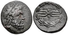 Greek LYDIA. Tralleis. 2nd-1st century BC. (Bronze, 19 mm, 6.45 g, 9 h). Laureate head of Zeus to right. Rev. ΔIOΣ TPAΛ/ΛIANΩN Winged thunderbolt within wreath. GRPC - Lydia 45. SNG Kayhan 1010. Dark 