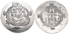 Central Asian TABARISTAN. 'Abbasid governors. 'Umar b. al-'Ala, PYE 120-129/30. Hemidrachm (Silver, 24 mm, 1.95 g, 10 h), PYE 125. Sasanian-style bust to right, wearing winged crown; stars flanking cr